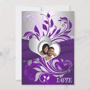 Invitation Scrolls d'argent violet, Coeurs Mariage photo Invi