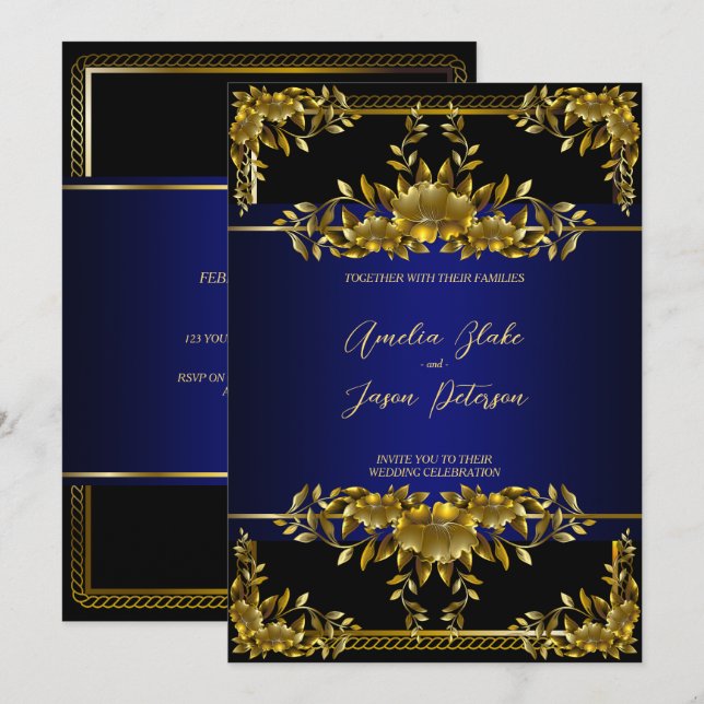 Invitation Sculpture Florale en Or Luxueux | Noir Bleu (Devant / Derrière)