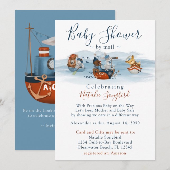 Invitation Sea Adventures Baby shower nautique par courrier (Devant / Derrière)
