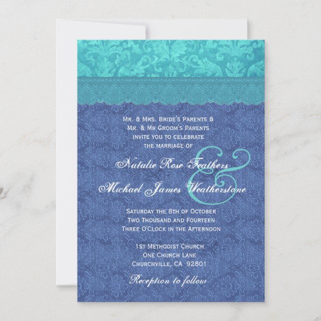 Invitation Sea Blue et Aqua Blue Mariage damassé G500F (Devant)