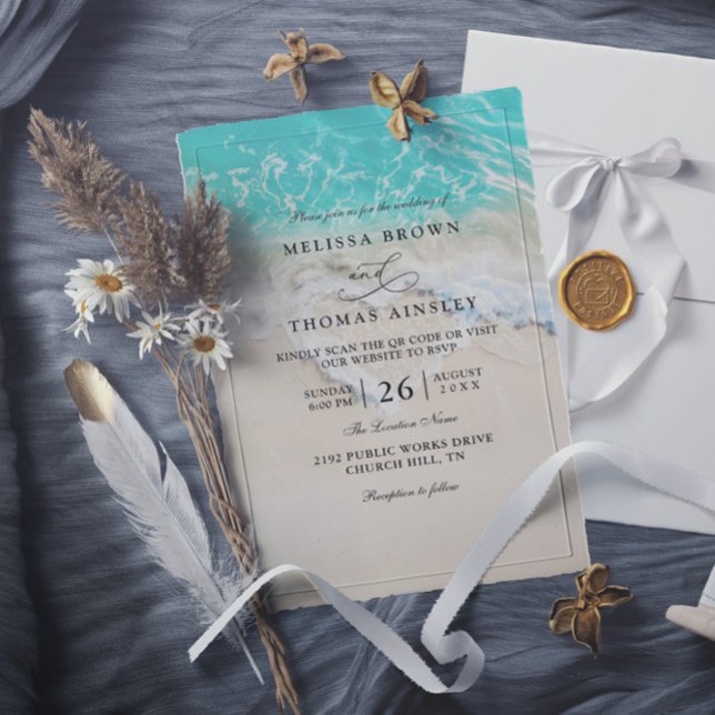 Invitation Sea Foam Heart Beach Elegant QR Code Wedding (Créateur téléchargé)