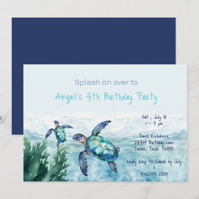 Invitation Sea Turtle Kid's Birthday Party II (Devant / Derrière)
