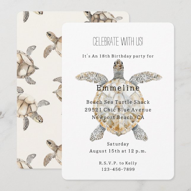 Invitation Sea Turtles Birthday (Devant / Derrière)