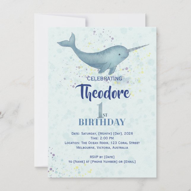 Invitation Sea Unicorn Narwal aquarelle 1er anniversaire (Devant)