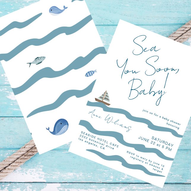Invitation Sea You Soon Baby Nautical Waves Blue Boy Shower (Créateur téléchargé)
