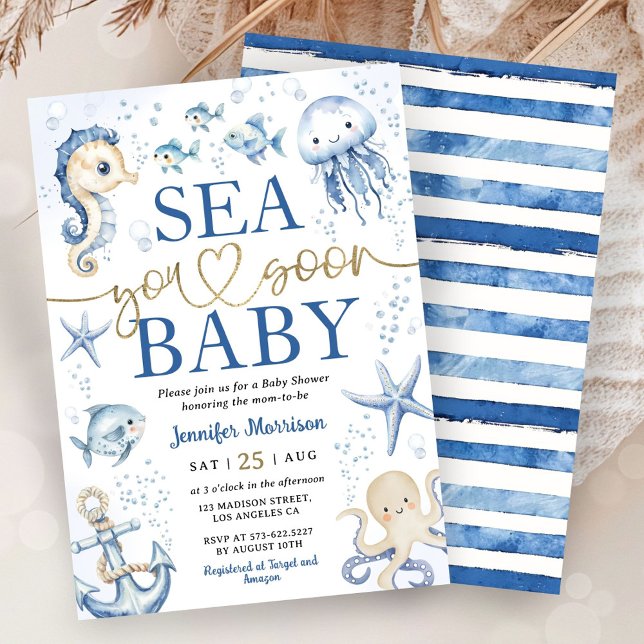 Invitation Sea You Soon Baby Shower Boy Navy Blue Ocean (Créateur téléchargé)