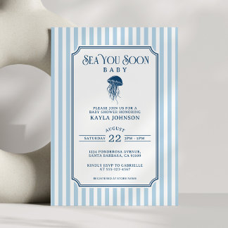 Invitation Sea You Soon Baby Shower Élégant Rayure Bleue et B
