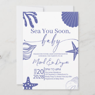 Invitation Sea You Soon Blue Scallop Shell Boy Baby Shower