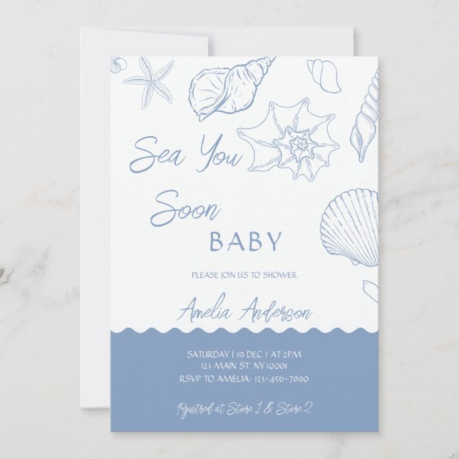 Invitation Sea You Soon Coastal Shells Blue Baby Shower (Devant)