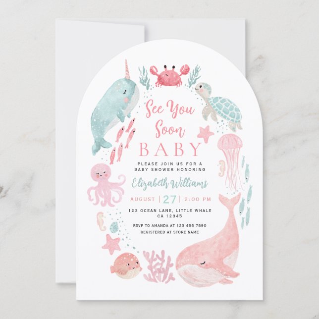 Invitation Sea You Soon Cute Ocean Animals Girl Baby Shower  (Devant)