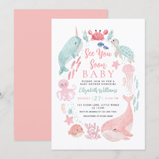 Invitation Sea You Soon Cute Ocean Animals Girl Baby Shower