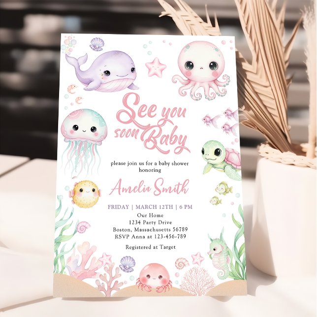 Invitation Sea you Soon Fête de Bébé Animaux de l'Océan (Créateur téléchargé)