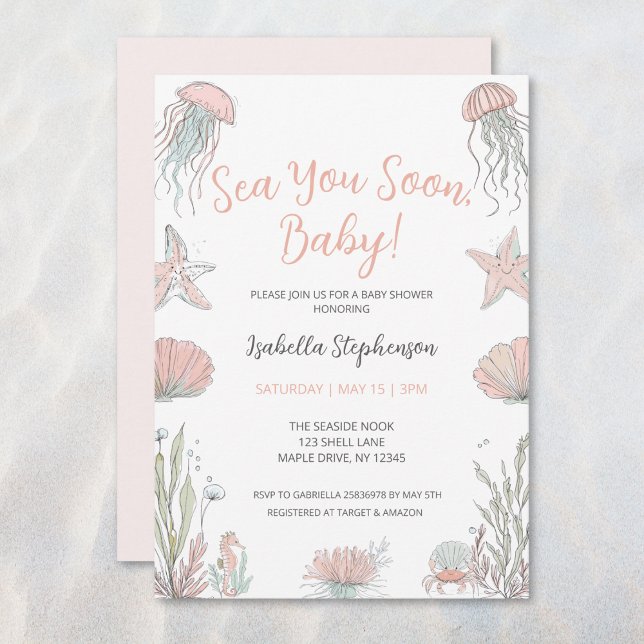 Invitation Sea You Soon Fête de Naissance Côtière Dessinée à  (Créateur téléchargé)