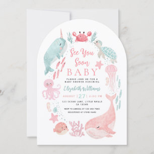Invitation Sea You Soon Mignons Animaux de l'Océan Fille Baby