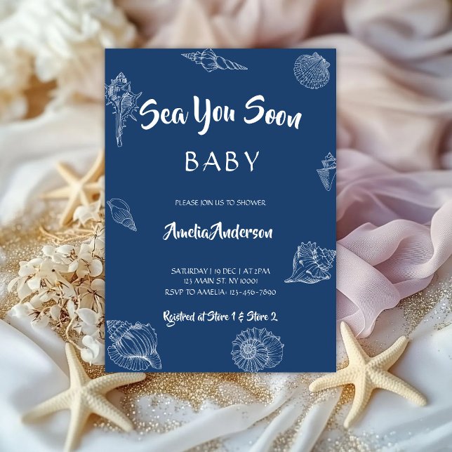 Invitation Sea You Soon Navy Seashell Nautical Baby Shower (Créateur téléchargé)