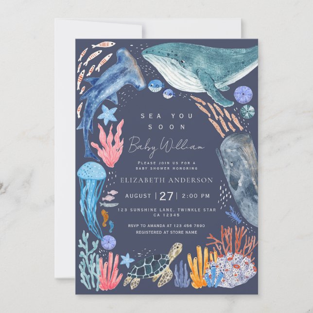 Invitation Sea You Soon Ocean Animals Boy Baby Shower (Devant)