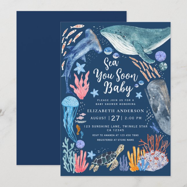 Invitation Sea You Soon Ocean Animals Boy Baby Shower Invitat (Devant / Derrière)