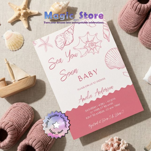 Invitation Sea You Soon Pink Seashells Coastal Baby Shower (Créateur téléchargé)