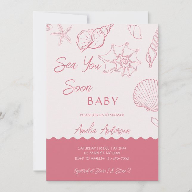 Invitation Sea You Soon Pink Seashells Coastal Baby Shower (Devant)