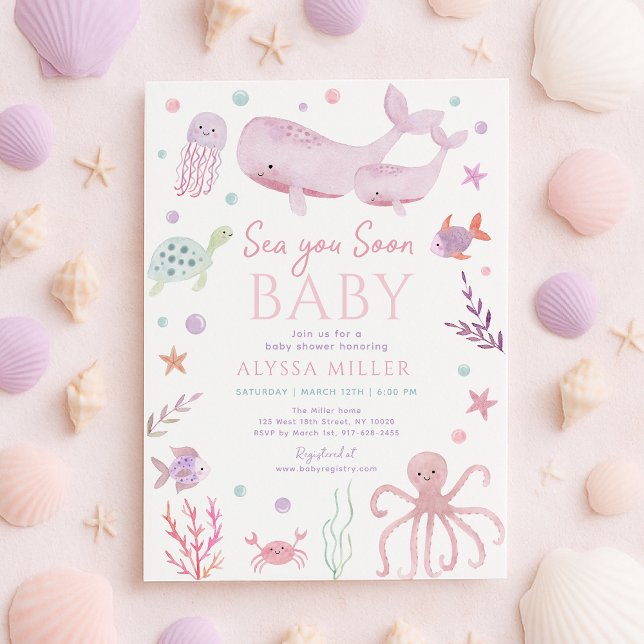 Invitation Sea You Soon Pink Under the Sea Baby Shower (Créateur téléchargé)