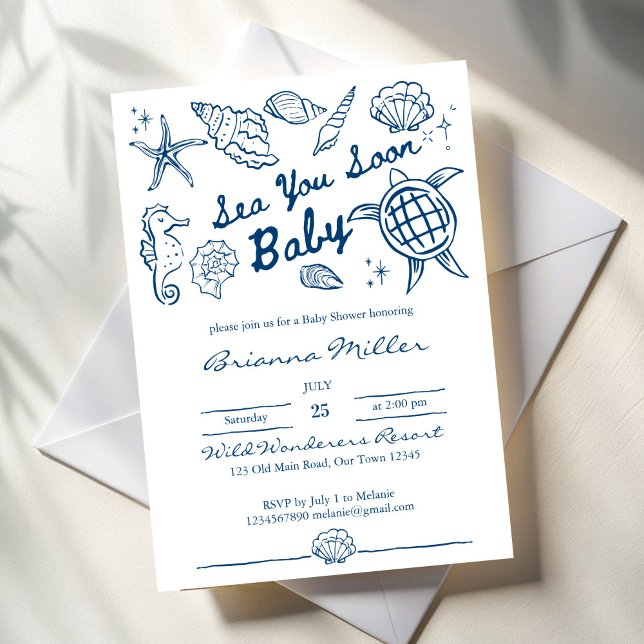 Invitation Sea you soon seashells beach boy baby shower (Sea you soon seashells beach blue boy baby shower invitation cards template sea turtle hand drawn)