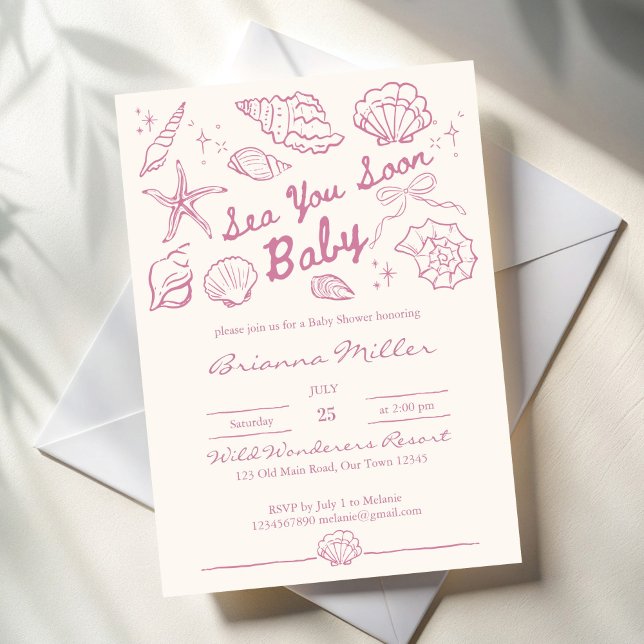 Invitation Sea you soon seashells beach girls baby shower (Sea you soon pink seashells beach girls baby shower invitation cards template hand drawn seaside)