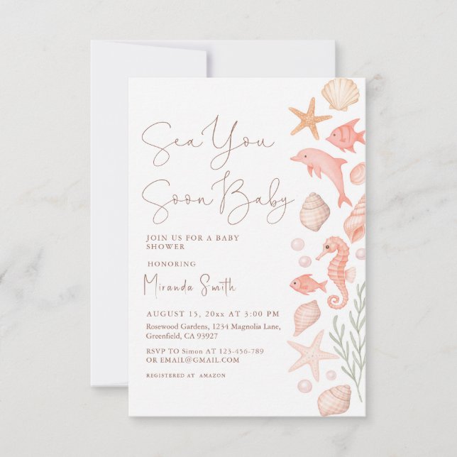 Invitation Sea You Soon Seashells Girl Baby Shower (Devant)