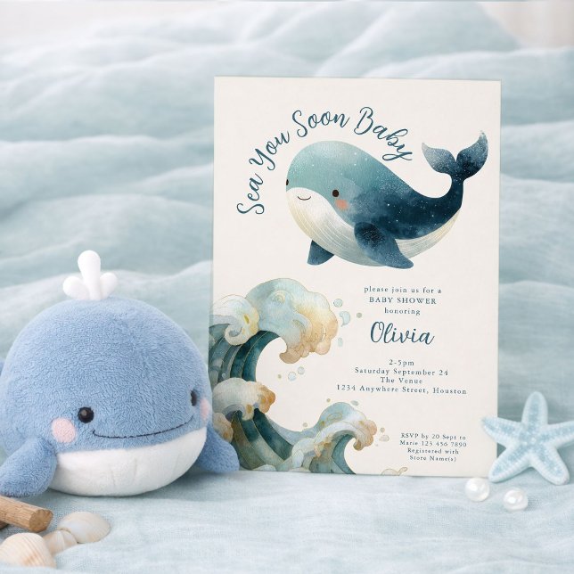 Invitation Sea You Soon Whale Ocean Ivory Baby Shower (Créateur téléchargé)