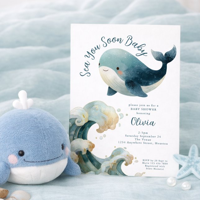 Invitation Sea You Soon Whale Ocean White Baby Shower (Créateur téléchargé)