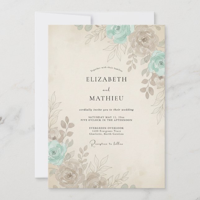 Invitation Seafoam Champagne Ranunculus Gris Eucalyptus Weddi (Devant)