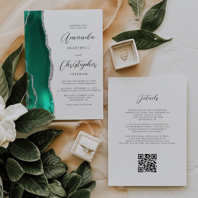 Invitation Seafoam Green Silver Agate QR Code Mariage (Créateur téléchargé)
