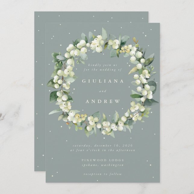 Invitation Seafoam Green Snowberry+Eucalyptus Wreath Mariage (Devant / Derrière)