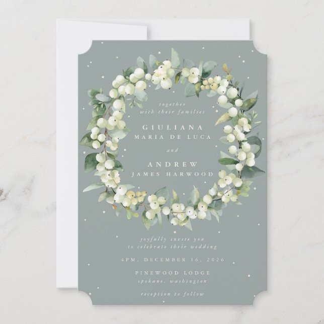 Invitation Seafoam Green Snowberry+Eucalyptus Wreath Mariage (Devant)