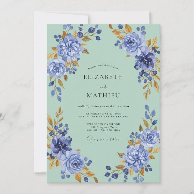 Invitation Seafoam Pervenche Ranunculus Gris Eucalyptus Wedd (Devant)
