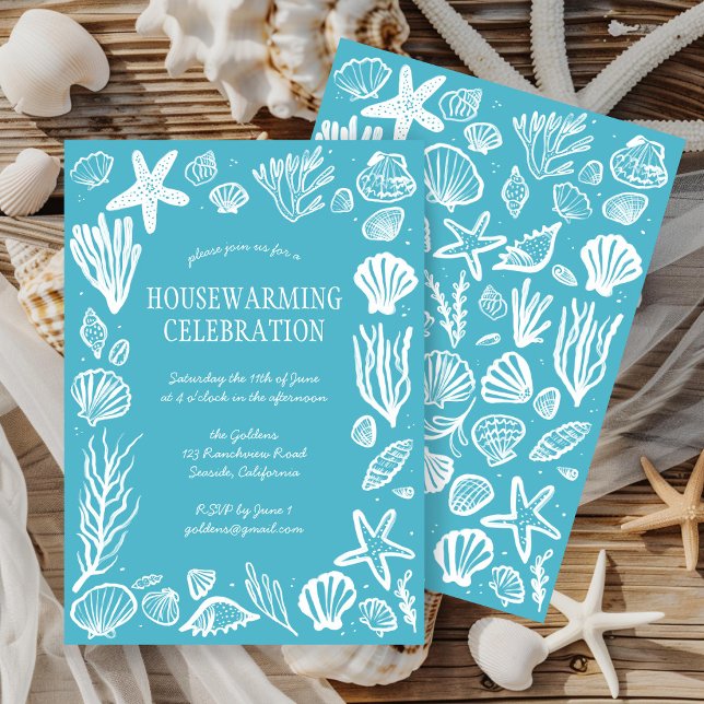 Invitation Seafoam Seashells Custom HOUSEWARMINING PARTY (Seafoam Seashells Custom HOUSEWARMING PARTY Invitation Beach Ocean Coast Sea Shells Blue New Home
)