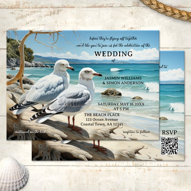 Invitation Seagull Beach Adventure Tout en un Mariage (All in one wedding invitation featuring two seagulls looking out at the beach)