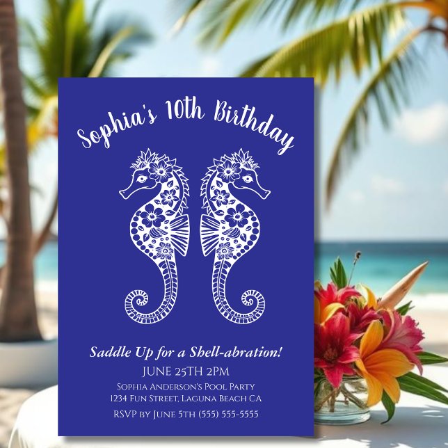 Invitation Seahors-fête d'anniversaire (Sea Horses-Fisherman Core-Hawaiian-Tropical-Birthday party invitations-Deep Blue)