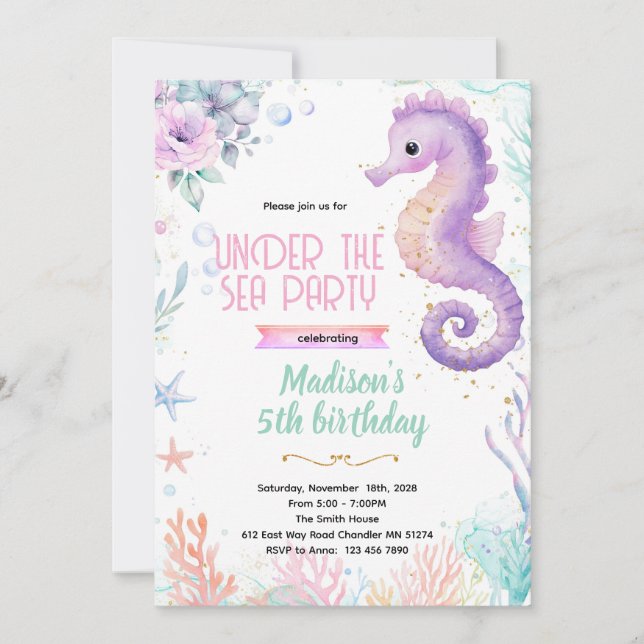Invitation Seahorse birthday theme party invite (Devant)