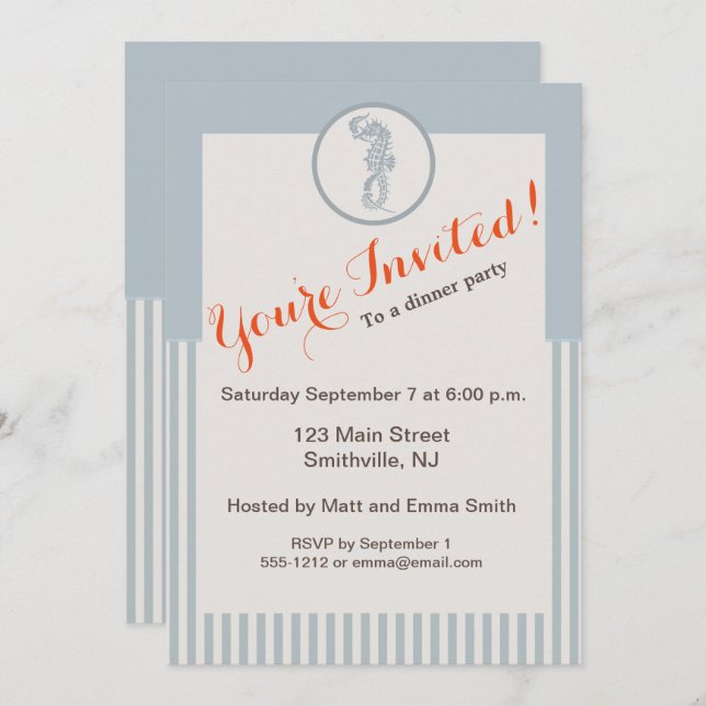 Invitation Seahorse Bleu Classique Nautique Élégant (Devant / Derrière)