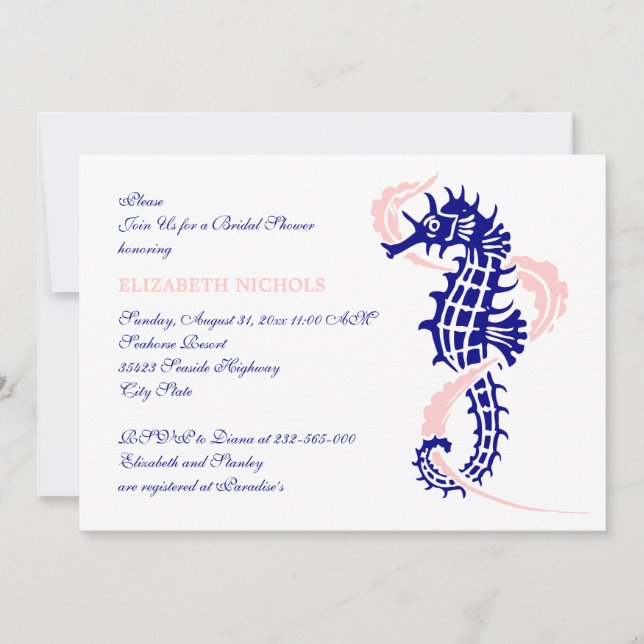 Invitation Seahorse bleu, mariage rose douche nuptiale (Devant)