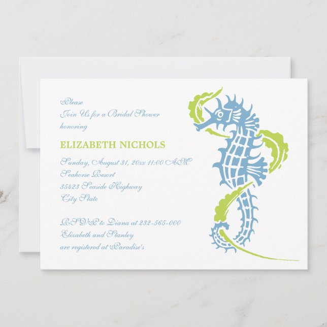 Invitation Seahorse bleu, mariage vert douche nuptiale (Devant)