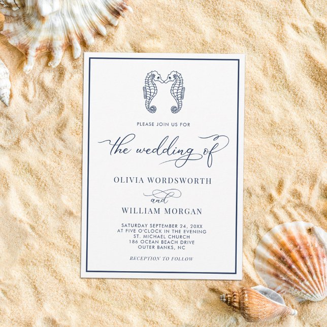 Invitation Seahorse Coastal Beach Élégant Script Mariage de m (Créateur téléchargé)