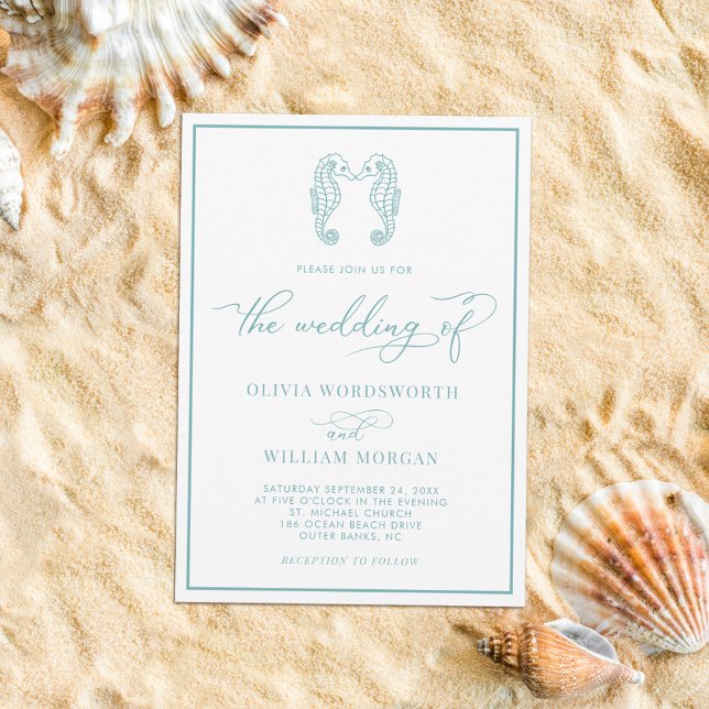Invitation Seahorse Coastal Beach Sea Glass Blue Wedding (Créateur téléchargé)