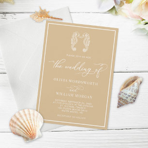 Invitation Seahorse Sable Beige Côte Plage Script Mariage