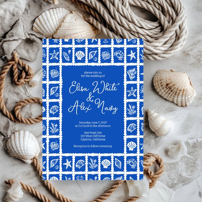 Invitation Seashell Grid Plage Mariage balnéaire PERSONNALISÉ (Seashell Grid Beach Seaside Wedding CUSTOM Invitation
)