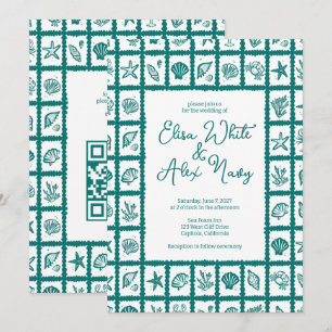 Invitation Seashell Grid Plage Mariage Vert CUSTOM QR Code