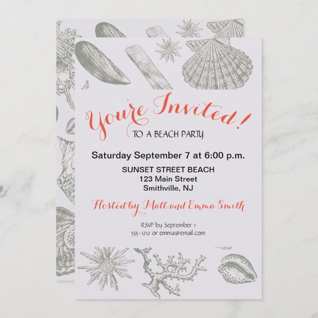 Invitation Seashell Soft Antique Art Beach Shops (Devant / Derrière)