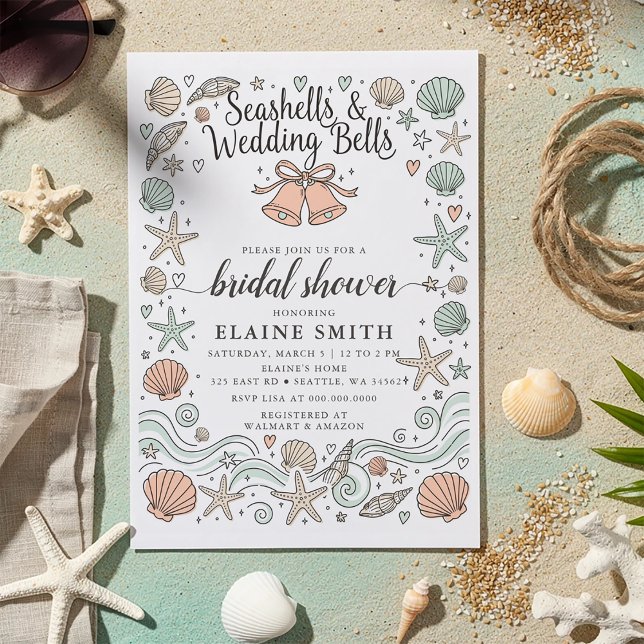 Invitation Seashells and Wedding Bells Beach Bridal Shower (Seashells and Wedding Bells Beach Bridal Shower Invitation)