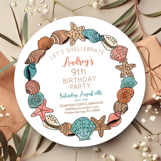 Invitation Seashells Beach fête d'anniversaire (Seashell Illustration Beach Theme Birthday Party Invitation - Shellebration)
