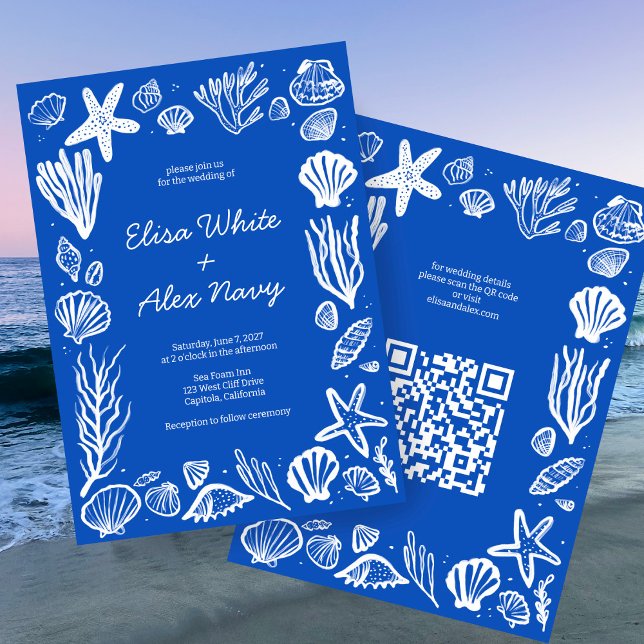 Invitation Seashells Frame Beach Wedding CUSTOM QR Code (Seashells Frame Beach Wedding CUSTOM QR Code Invitation
)